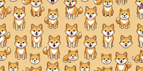 Obraz premium Seamless pattern featuring cute shiba inu dogs in various poses and expressions, shiba inu, seamless, pattern, dogs, cute