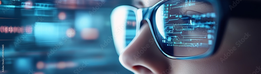 Poster close-up of glasses reflecting computer code