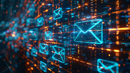 Futuristic Holographic Email Inboxes on Digital Screen with Copy Space