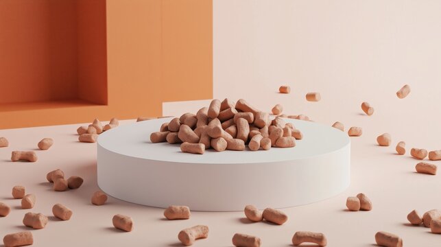 A modern 3D podium with pork-flavored dog food pellets arranged around, with pork-related imagery softly highlighted