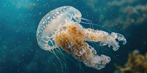 Fototapeta premium White spotted Jellyfish Phyllorhiza punctata Large translucent jellyfish with white spots and trailing oral arms typically found in warm coastal waters and primarily feeds on zooplankton