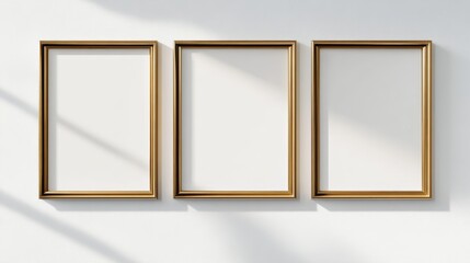Three gold picture frames on white background