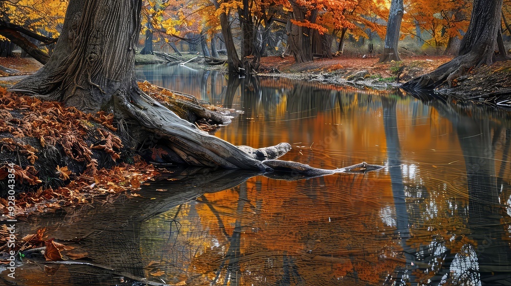 Poster a large tree trunk with gnarled roots beside a still river in a forest with fall foliage, the trees 