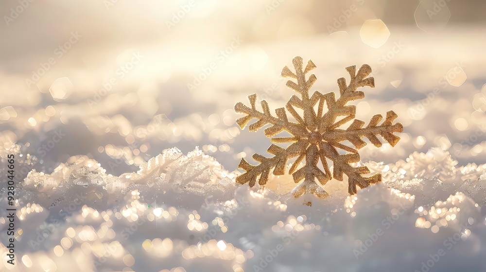 Poster a shiny gold snowflake sits in the snow with bokeh lights in the background.