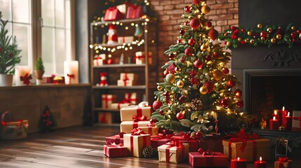 A decorated Christmas tree in a living room with presents underneath and a fireplace to the right.