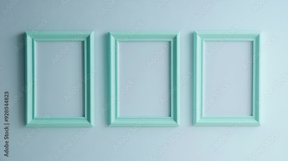 Wall mural three mint green picture frames on blue background