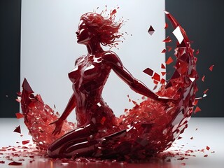 ultra detailed shot of a shattering sculpture made of red glass in a female shape, full body zoomed, ((red glitter floating around)), side view, motion effects, ((shattering sculpture)), colorful