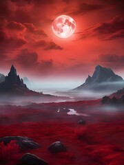 A mysterious, fog-shrouded landscape illuminated by a deep red blood moon