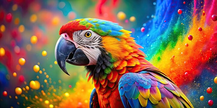 Vibrant parrot with colorful paint splashes on its feathers, exotic, tropical, bird, animal, vibrant, colorful, paint