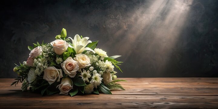 Isolated condolence flowers with ample copyspace, under subdued lighting, condolence, flowers, isolated, copyspace