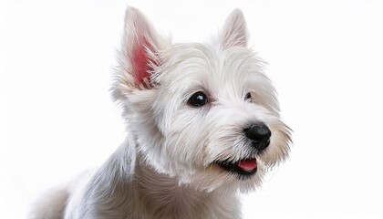 笑顔のウエスト・ハイランド・ホワイト・テリアの子犬のポートレート（Portrait of a smiling West Highland White Terrier puppy on white background）
