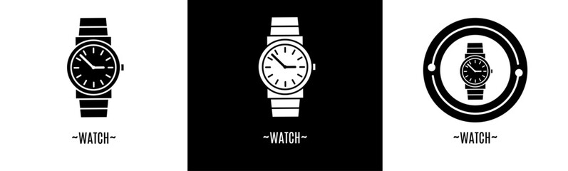 Watch logo set. Collection of black and white logos. Stock vector.