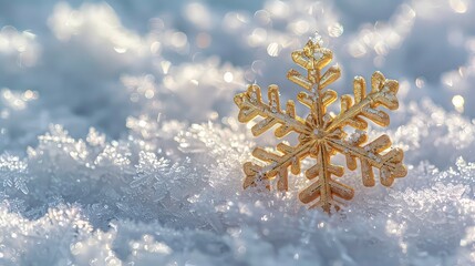 A golden snowflake ornament resting on snow with a blurry background of white and gold bokeh.