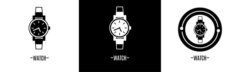 Watch logo set. Collection of black and white logos. Stock vector.