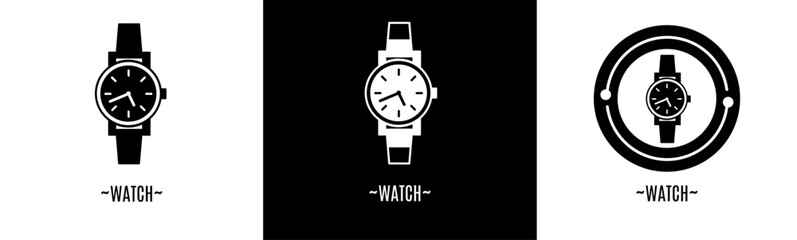 Watch logo set. Collection of black and white logos. Stock vector.