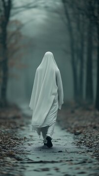 person white robe walking down path woods halloween ghost under sheet twisted god face dressed wearing cloak blasted plain mourning inhabited levels tention