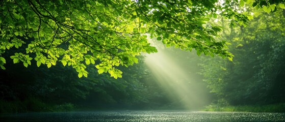 Fototapeta premium A serene forest scene with sunlight streaming through lush green leaves, reflecting on a calm lake surface, creating a tranquil atmosphere.