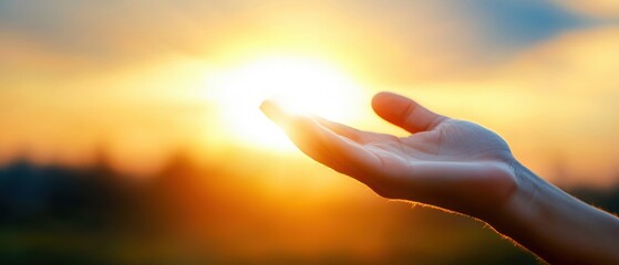 A serene hand reaching towards a vibrant sunset, symbolizing hope, warmth, and new beginnings in a beautiful outdoor setting.