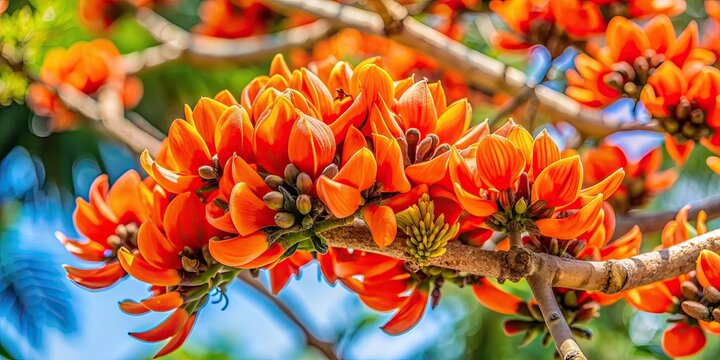 Vibrant palash flower in full bloom, spring, bright, red, orange, petal, nature, bloom, tree, seasonal, vivid, closeup