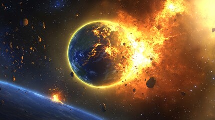 Fototapeta premium A fiery explosion engulfs a planet in space, surrounded by debris and a distant Earth-like world.