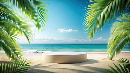 Tropical beach background with podium scene for summer product display presentation, rendering, tropical, beach