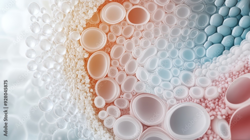 Poster abstract visualization of colorful bubbles and textures creating a dynamic and fluid pattern in a vi