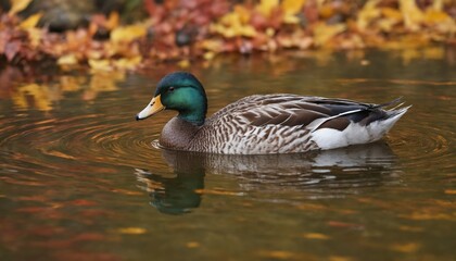 Obraz premium Majestic mallard duck gliding through colorful autumn leaves reflected in serene pond