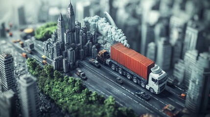 Obraz premium A miniature cityscape with a truck driving on a highway, surrounded by buildings and trees.
