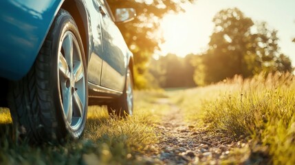 A serene view of a blue car parked on a scenic dirt path, surrounded by lush greenery and warm sunlight.
