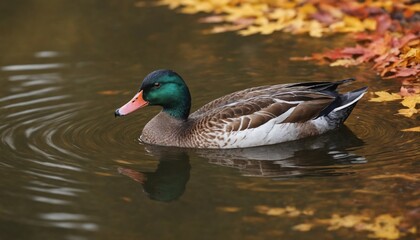 Obraz premium Majestic mallard duck gliding through autumn leaves on a tranquil pond at sunrise