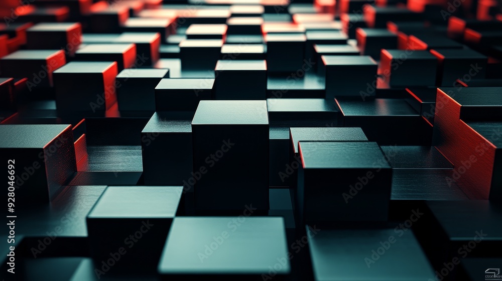 Aufkleber abstract background of black and red cubes in a grid pattern, lit by a warm light.