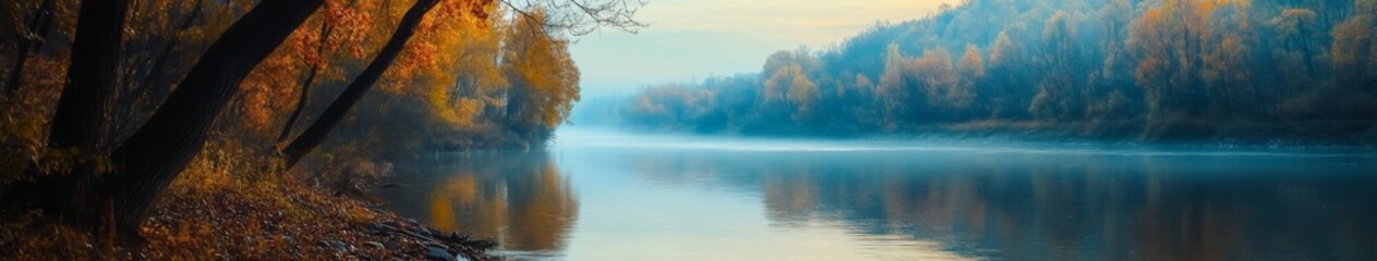 Obraz premium Autumn's Enchanted Riverbank: Anime-Style Idyll Amidst a Canvas of Vibrant Fall Hues for Seasonal Marketing and Travel Posters,anime-style,illustration,Picture BooksFor Poster,Novel,UI,WEB,Game,Design