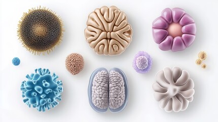 A collection of colorful microbial shapes and cells, showcasing the diversity of microscopic life in stunning detail.