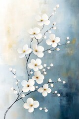 Fototapeta premium white flower blue background cherry blossom displayed walls color oil large vertical blank spaces ultra soft brush strokes