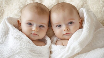 Adorable twins wrapped in soft blankets, showcasing their innocent expressions and bond in a cozy setting.