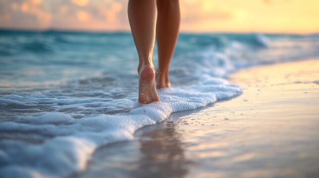 walking beach sunset background human feet accentuated features deep stardust latitude longitude down low horizon