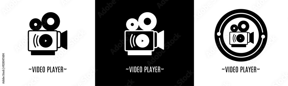 Sticker video player logo set. collection of black and white logos. stock vector.