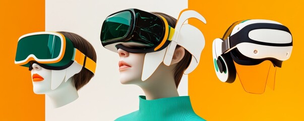 Three people wearing different VR headsets, isolated on colorful background.
