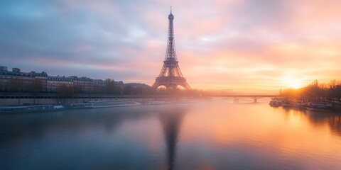 realistic image of the Eiffel Tower in Paris at sunrise. The scene captures the iconic tower standing tall and majestic against a soft morning sky