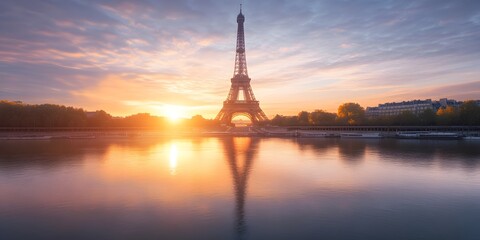 realistic image of the Eiffel Tower in Paris at sunrise. The scene captures the iconic tower standing tall and majestic against a soft morning sky