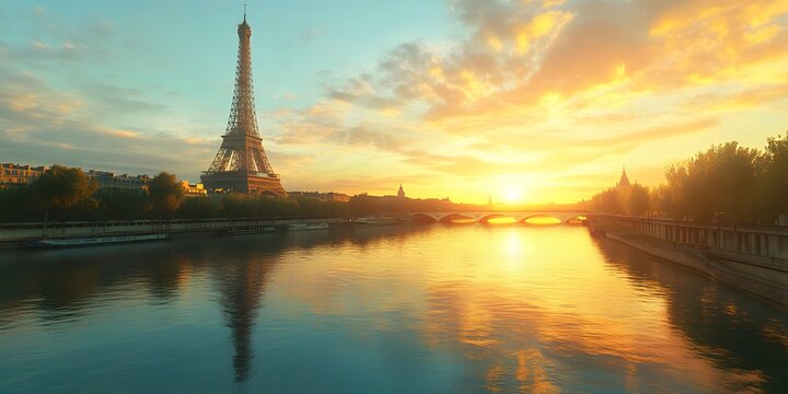 realistic image of the Eiffel Tower in Paris at sunrise. The scene captures the iconic tower standing tall and majestic against a soft morning sky