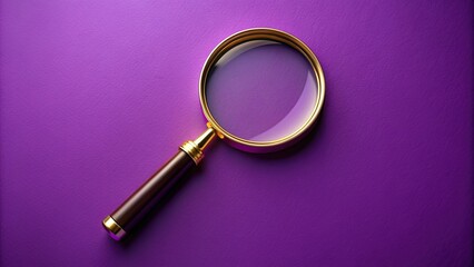 Magnifying glass with golden rim and purple handle on purple surface, magnifying glass, golden rim, purple handle, purple surface