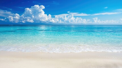 Obraz premium Serene beach scene with crystal clear waters, soft white sand, and vibrant blue skies adorned with fluffy clouds.