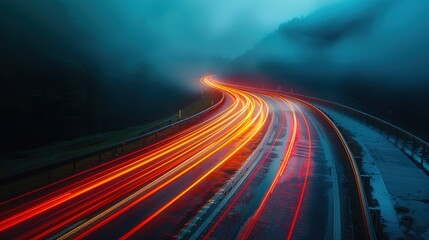 Long exposure of car lights on a winding road through a foggy forest.
