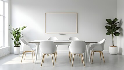 Modern dining room with white table and chairs with minimal black mockup for wall art or frame contemporary interior design