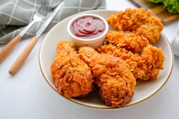 Crispy Fried chicken in a white plate with tomato sauce on white background table
