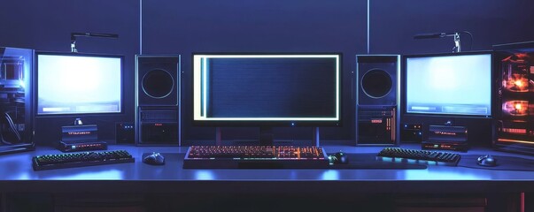 A modern gaming setup with three monitors, speakers, and a keyboard.