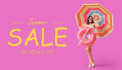 Banner for Summer Sale with young woman with inflatable ring and umbrella