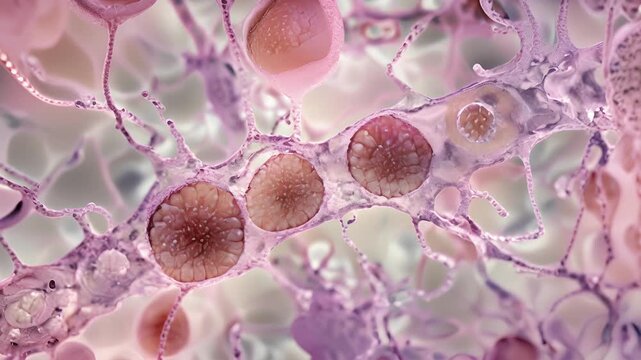 A brightfield microscopy image of hepatocytes revealing their dual function in detoxification and the production of essential proteins such as albumin and clotting factors.