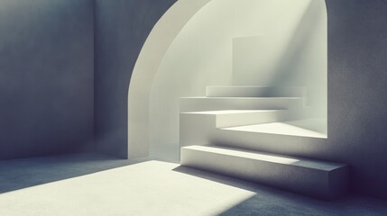 Obraz premium Minimalist white interior with an arched doorway and steps illuminated by a beam of sunlight.